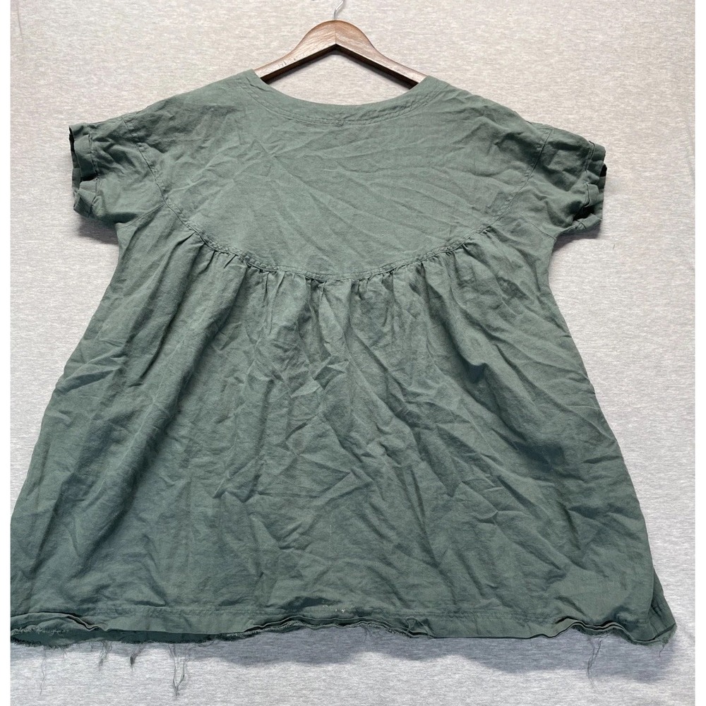 Grade & Gather Yoke Linen Shirt Dress Womens Medium Sage Green Frayed Crew Neck